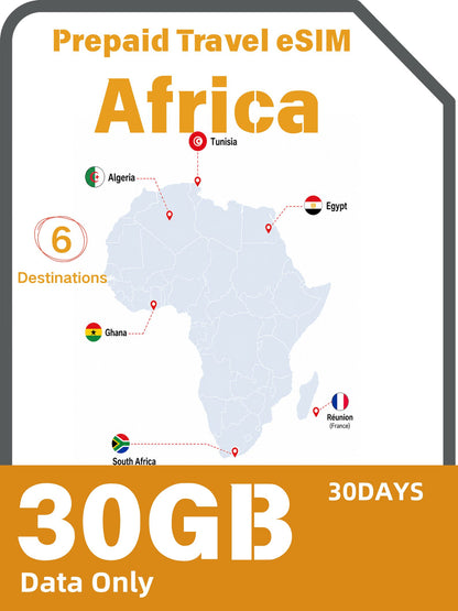 Africa 6 Countries Prepaid Travel eSIM｜Algeria, Tunisia, Réunion, Ghana, Egypt & South Africa