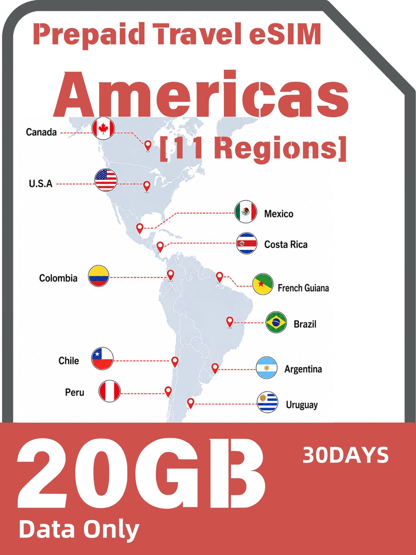 Americas 11 Regions Prepaid Travel eSIM｜USA, Canada, Mexico, Brazil, Argentina, Chile, Peru, Colombia & More