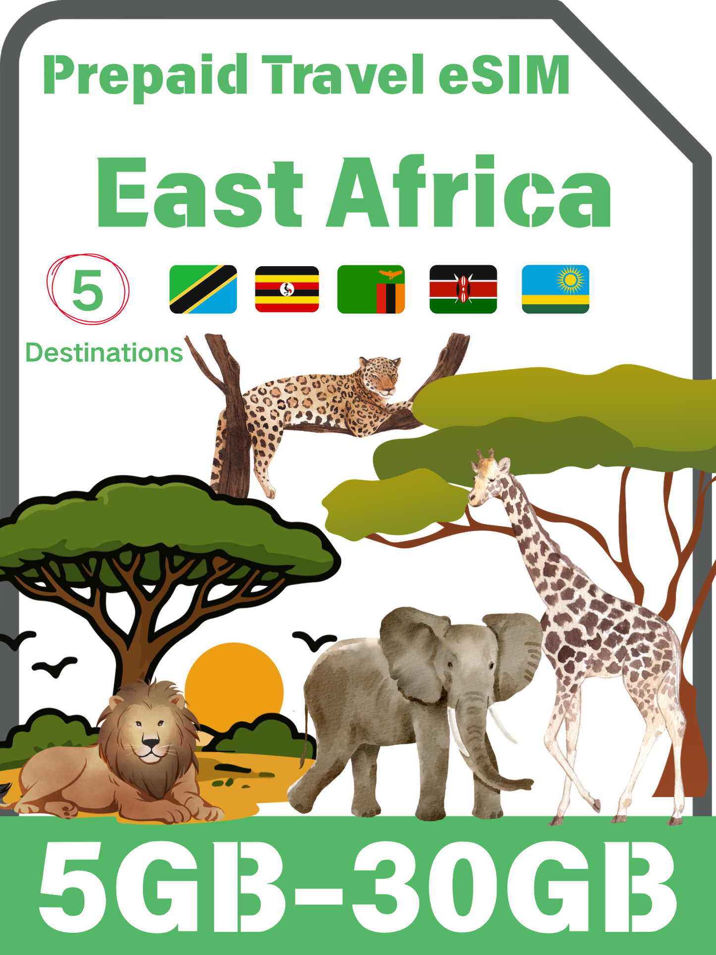 East Africa 5 Countries Prepaid Travel eSIM｜Tanzania, Uganda, Zambia, Rwanda & Kenya