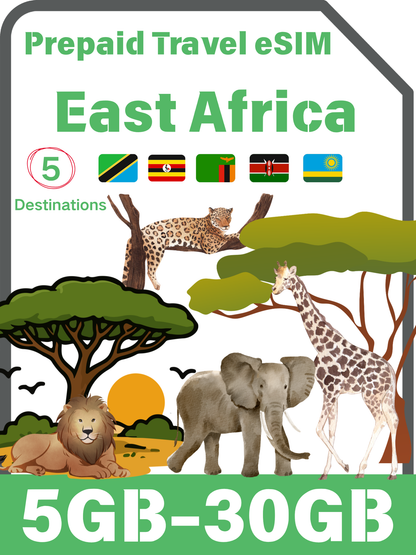 East Africa 5 Countries Prepaid Travel eSIM｜Tanzania, Uganda, Zambia, Rwanda & Kenya