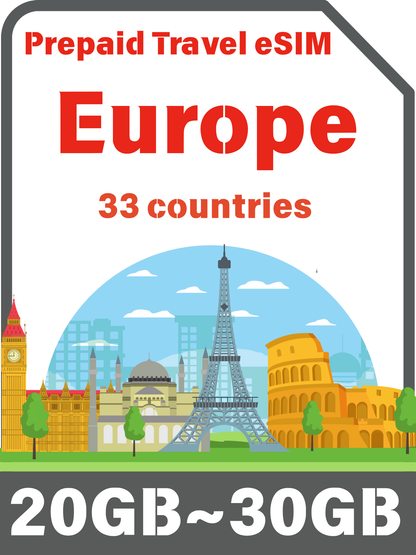 ヨーロッパのプリペイド旅行eSIM（33か国） 