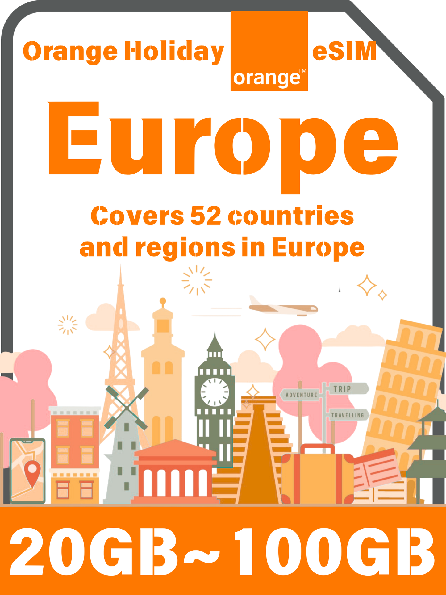 Orange Holiday Europe eSIM｜30日間ヨーロッパeSIM・通話SMS付き｜20/50/100GB