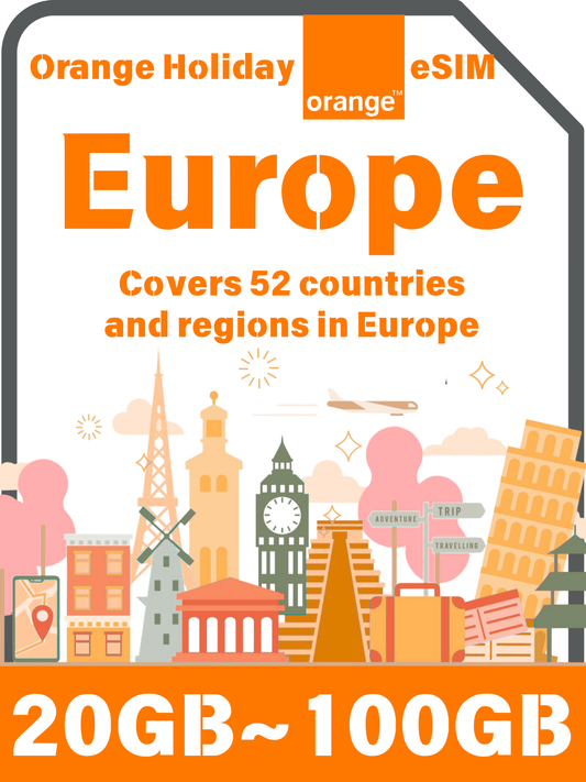 Orange Holiday Europe eSIM｜30日間ヨーロッパeSIM・通話SMS付き｜20/50/100GB