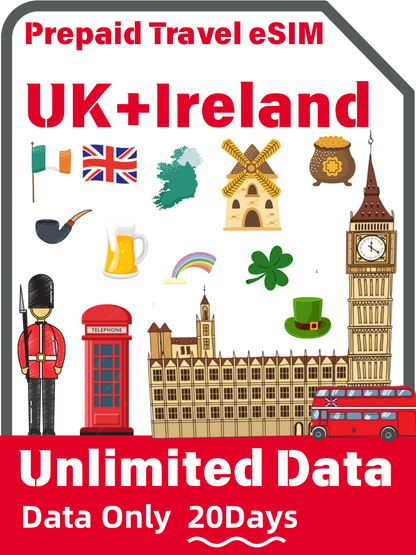 イギリス＋アイルランド旅行 eSIM｜Three 4G/5G 無制限データプラン