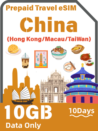 中国本土・香港・マカオ・台湾 4G/5G データ専用プリペイド旅行 eSIM
