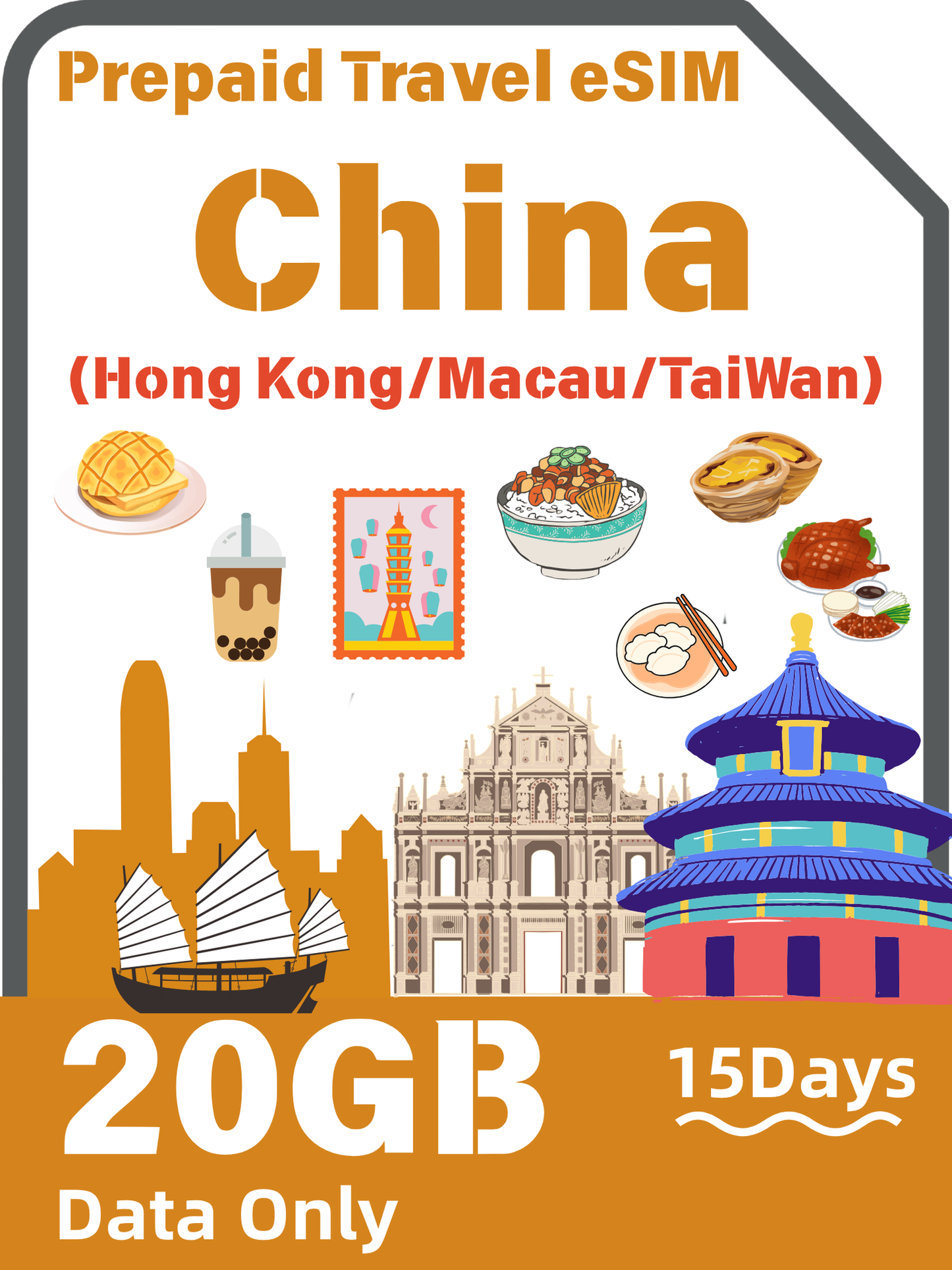 中国本土・香港・マカオ・台湾 4G/5G データ専用プリペイド旅行 eSIM