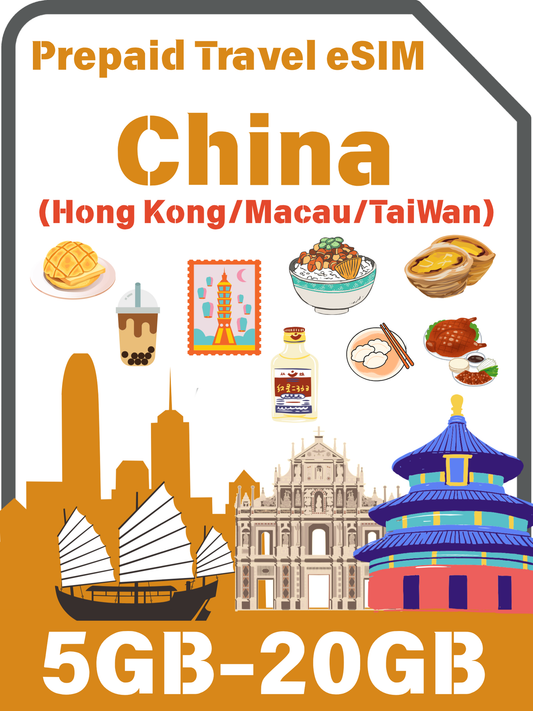 中国本土・香港・マカオ・台湾 4G/5G データ専用プリペイド旅行 eSIM